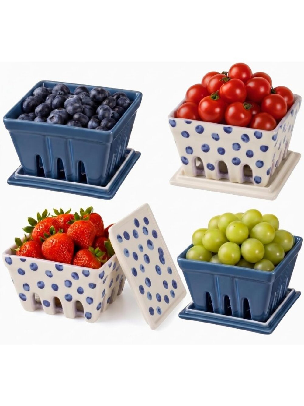Set of 4 Ceramic Berry Baskets with Lids - Blue & White, Perfect for Storage
